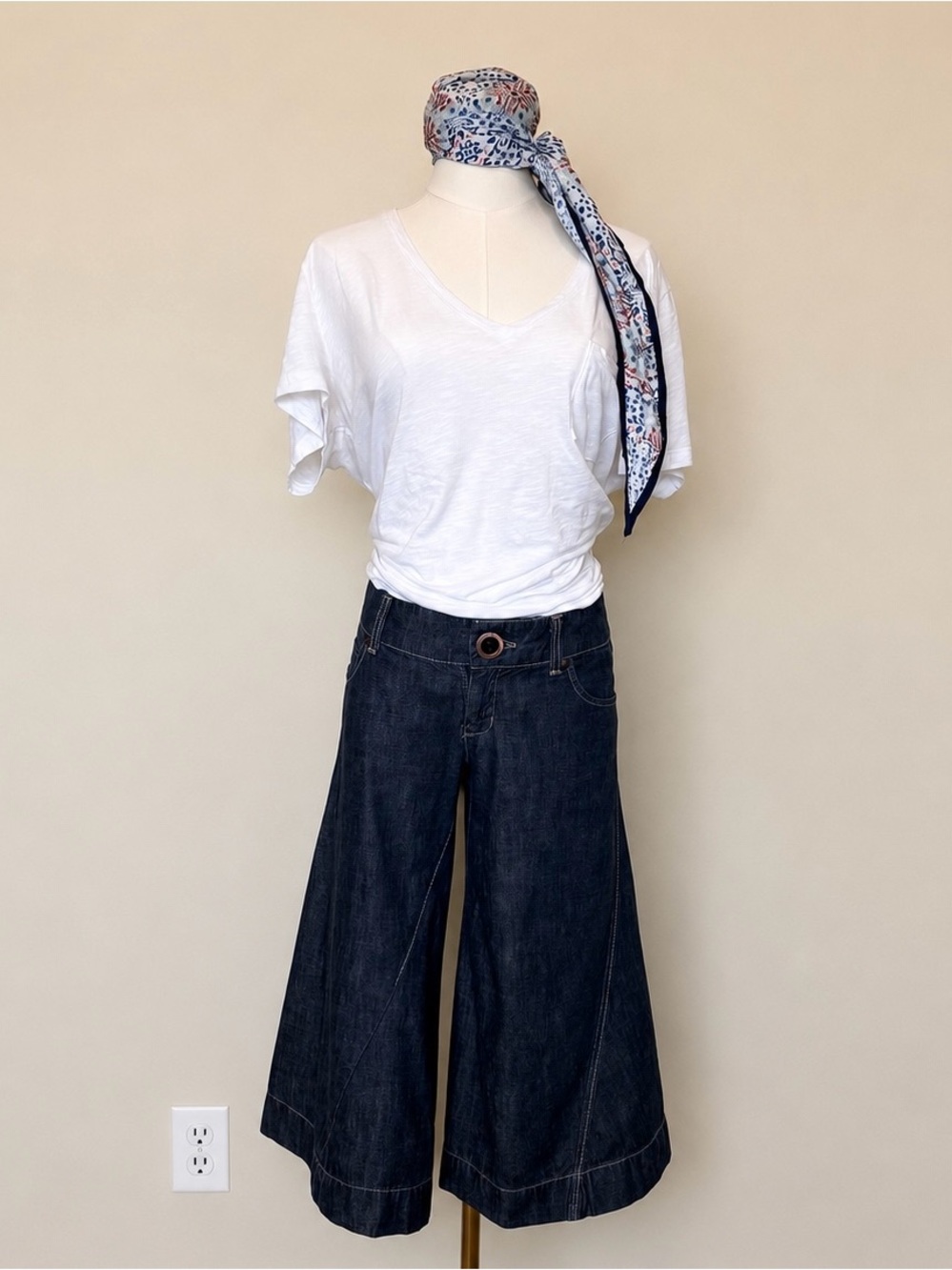 Low Rise Wide Leg Denim Culottes Gaucho Dark Wash Cropped Flare Jeans Cotton